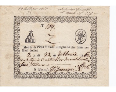 Monte di Pieta' di San Gimignano fede di credito da 336 Lire 1860